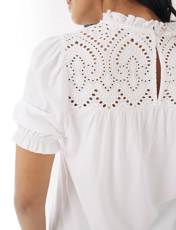 FatFace Women Cotton Modal Blend Broderie Puff Sleeve Top - Image 3