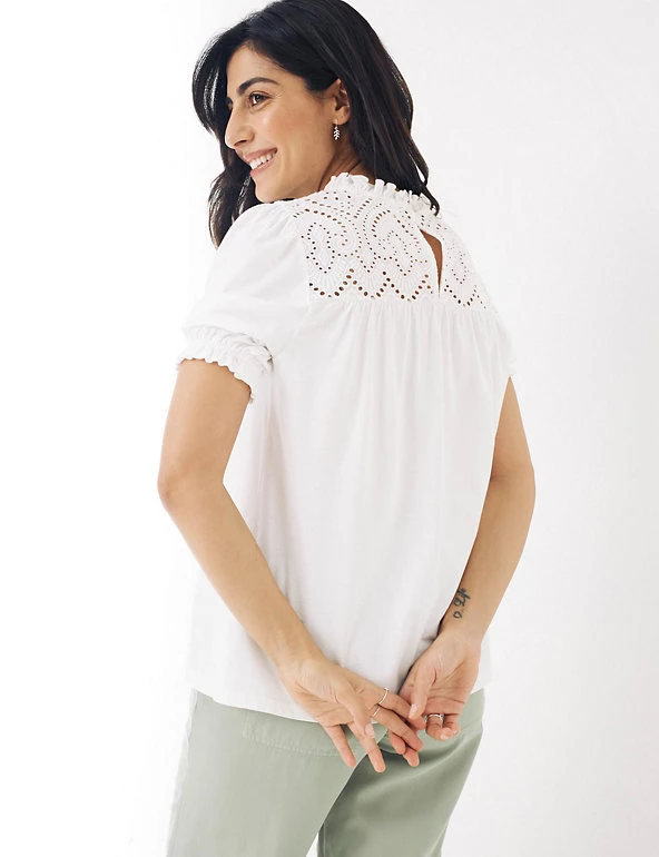 FatFace Women Cotton Modal Blend Broderie Puff Sleeve Top - Image 4