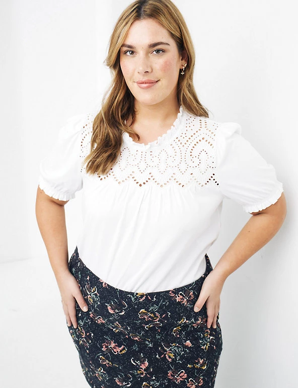 FatFace Women Cotton Modal Blend Broderie Puff Sleeve Top - Image 5