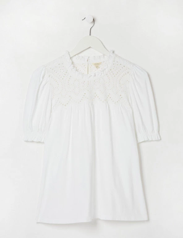 FatFace Women Cotton Modal Blend Broderie Puff Sleeve Top - Image 2