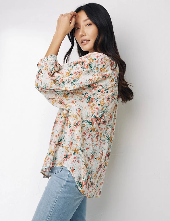FatFace Shirts & Blouses Pure Cotton Floral V-Neck 3/4 Sleeve Blouse - Image 4