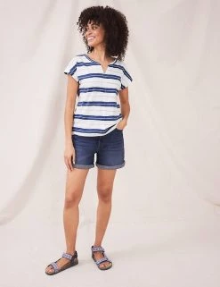 White Stuff Women Pure Cotton Floral Notch Neck T-Shirt