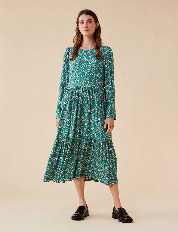 Finery London Dresses Floral Round Neck Midi Tiered Dress