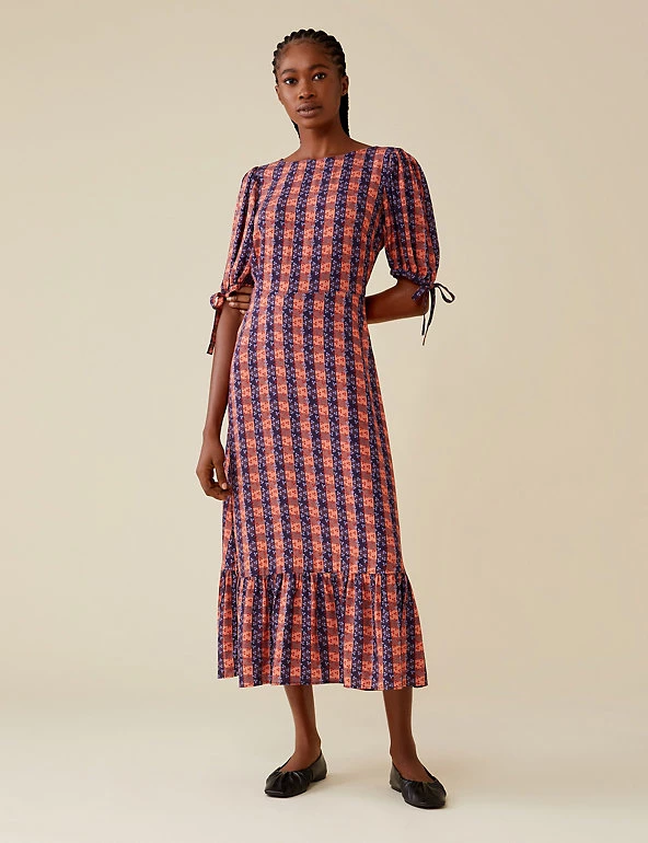 Finery London Dresses Gingham Puff Sleeve Midi Tiered Tea Dress