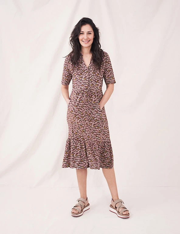 White Stuff Dresses Jersey Printed V-Neck Midi Tiered Tea Dress