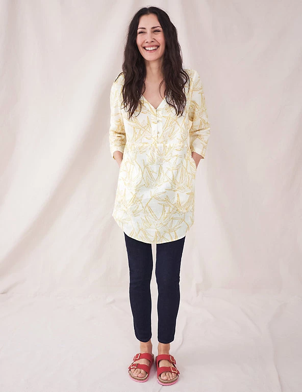 White Stuff Tunics Pure Linen Printed V-Neck 3/4 Sleeve Tunic