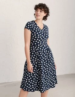 Seasalt Cornwall Dresses Cotton Rich Polka Dot Midi Waisted Dress