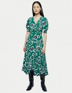 Jigsaw Dresses Floral V-Neck Short Sleeve Midaxi Tea Dress