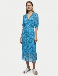 Jigsaw Dresses Floral Puff Sleeve Midi Tea Dress