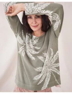 White Stuff Jumpers Cotton Rich Palm Print Crew Neck Jumper