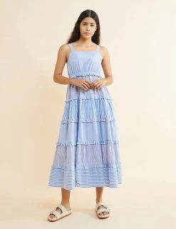 Albaray Dresses Pure Cotton Striped Midi Tiered Dress