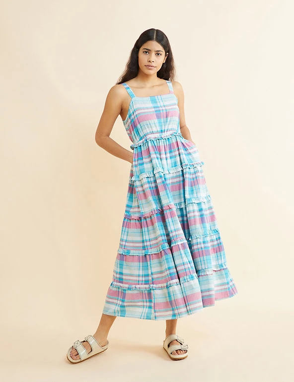 Albaray Dresses Pure Cotton Checked Midi Tiered Dress