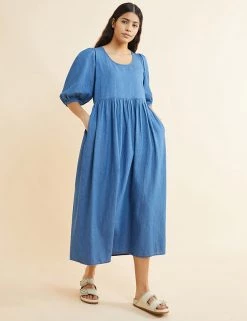 Albaray Dresses Denim Scoop Neck Midi Swing Dress