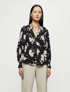 Jigsaw Shirts & Blouses Floral V-Neck Smocked Long Sleeve Blouse