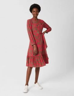 HOBBS Dresses Printed V-Neck Tie Detail Midi Shirt Dress