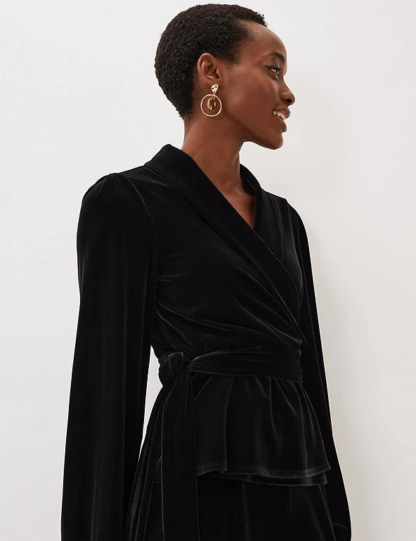 Phase Eight Shirts & Blouses Velvet V-Neck Blouson Sleeve Wrap Top - Image 4