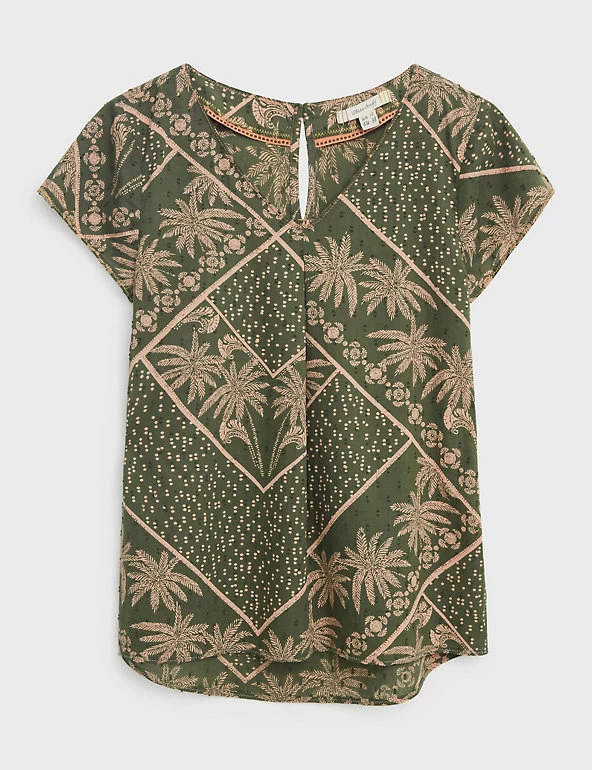 White Stuff Women Organic Cotton Palm Print V-Neck Top - Image 2
