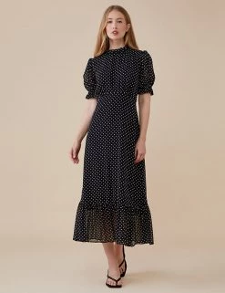 Finery London Dresses Polka Dot High Neck Midi Tea Dress