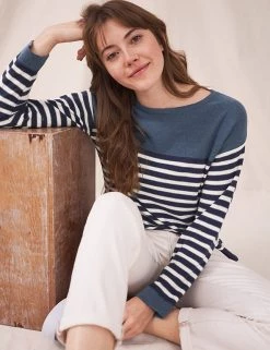 White Stuff Jumpers Cotton Blend Striped Crew Neck Jumper