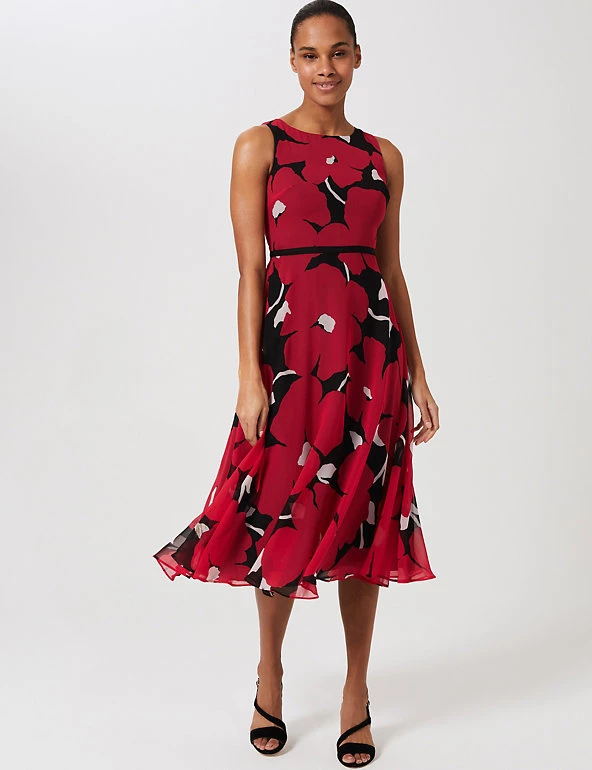 HOBBS Dresses Floral Sleeveless Midi Waisted Dress