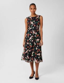 HOBBS Dresses Floral Embroidered Midi Waisted Dress