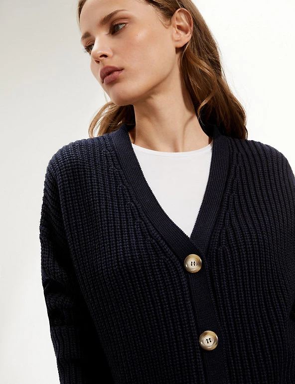 JAEGER Cardigans Pure Merino Wool Ribbed V-Neck Cardigan - Image 4