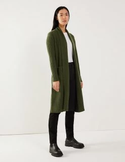 JAEGER Cardigans Wool Ribbed Longline Cardigan With Cashmere