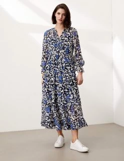 JAEGER Dresses Floral V-Neck Ruffle Midi Tiered Dress