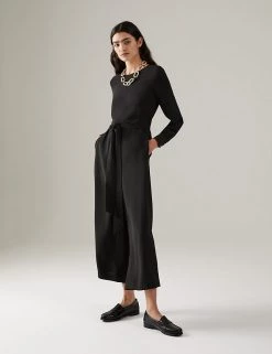 JAEGER Dresses Crepe Belted Long Sleeve Cropped Jumpsuit