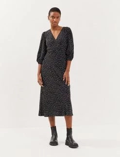 JAEGER Dresses Pure Silk Polka Dot V-Neck Midi Tea Dress