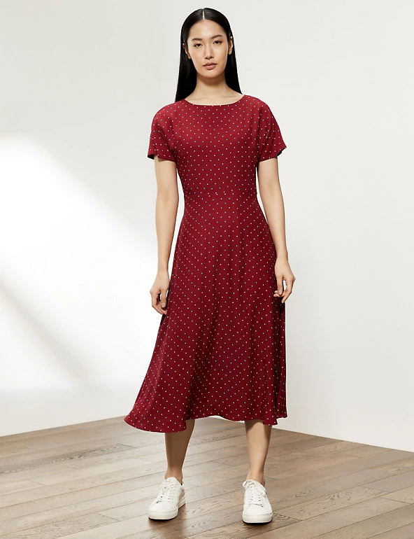 JAEGER Dresses Spot Print Short Sleeve Midi Skater Dress