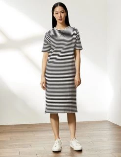 JAEGER Dresses Cotton Rich Striped Knee Length Shift Dress