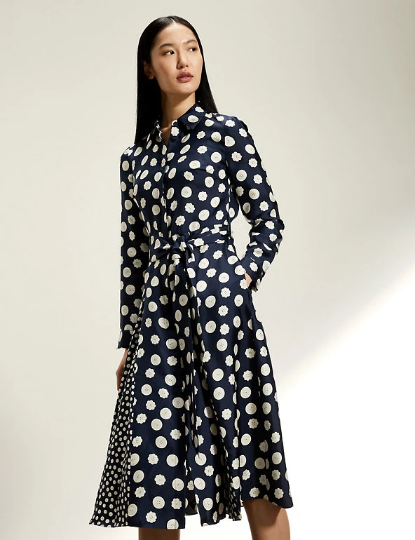 JAEGER Dresses Pure Silk Button Print Midi Shirt Dress