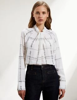 JAEGER Shirts & Blouses Pure Silk Checked Long Sleeve Blouse