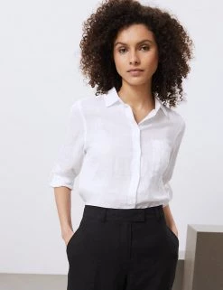 JAEGER Shirts & Blouses Pure Linen Collared 3/4 Sleeve Shirt