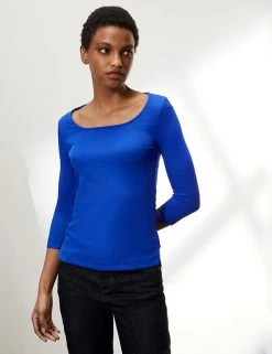 JAEGER Tops Ribbed Square Neck 3/4 Sleeve Top