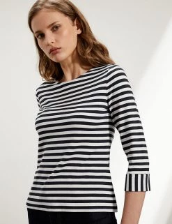 JAEGER Tops Striped Crew Neck 3/4 Sleeve Top