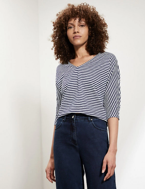 JAEGER Tops Pure Cotton Striped V-Neck Short Sleeve Top