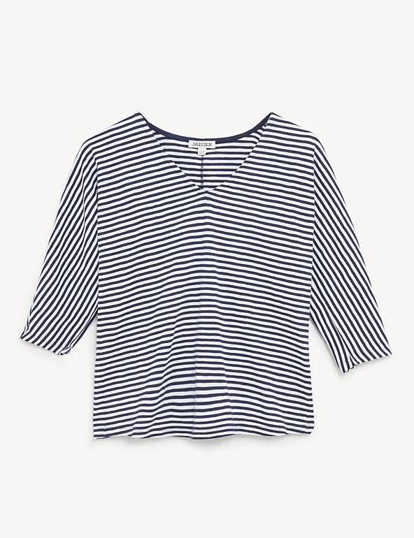 JAEGER Tops Pure Cotton Striped V-Neck Short Sleeve Top - Image 2