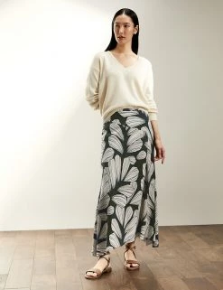 JAEGER Skirts Leaf Print Midi A-Line Skirt