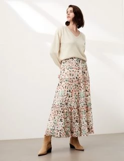 JAEGER Skirts Floral Print Ruffle Midi Tiered Skirt